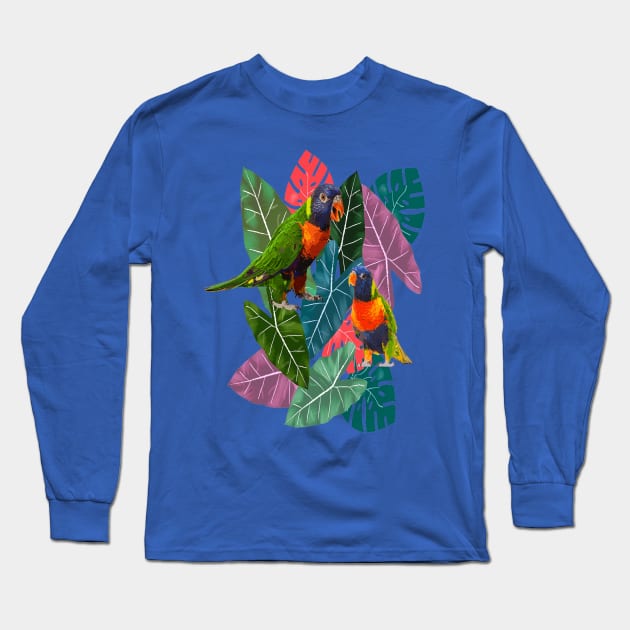 Parrots and Tropical Leaves Long Sleeve T-Shirt by RoxanneG